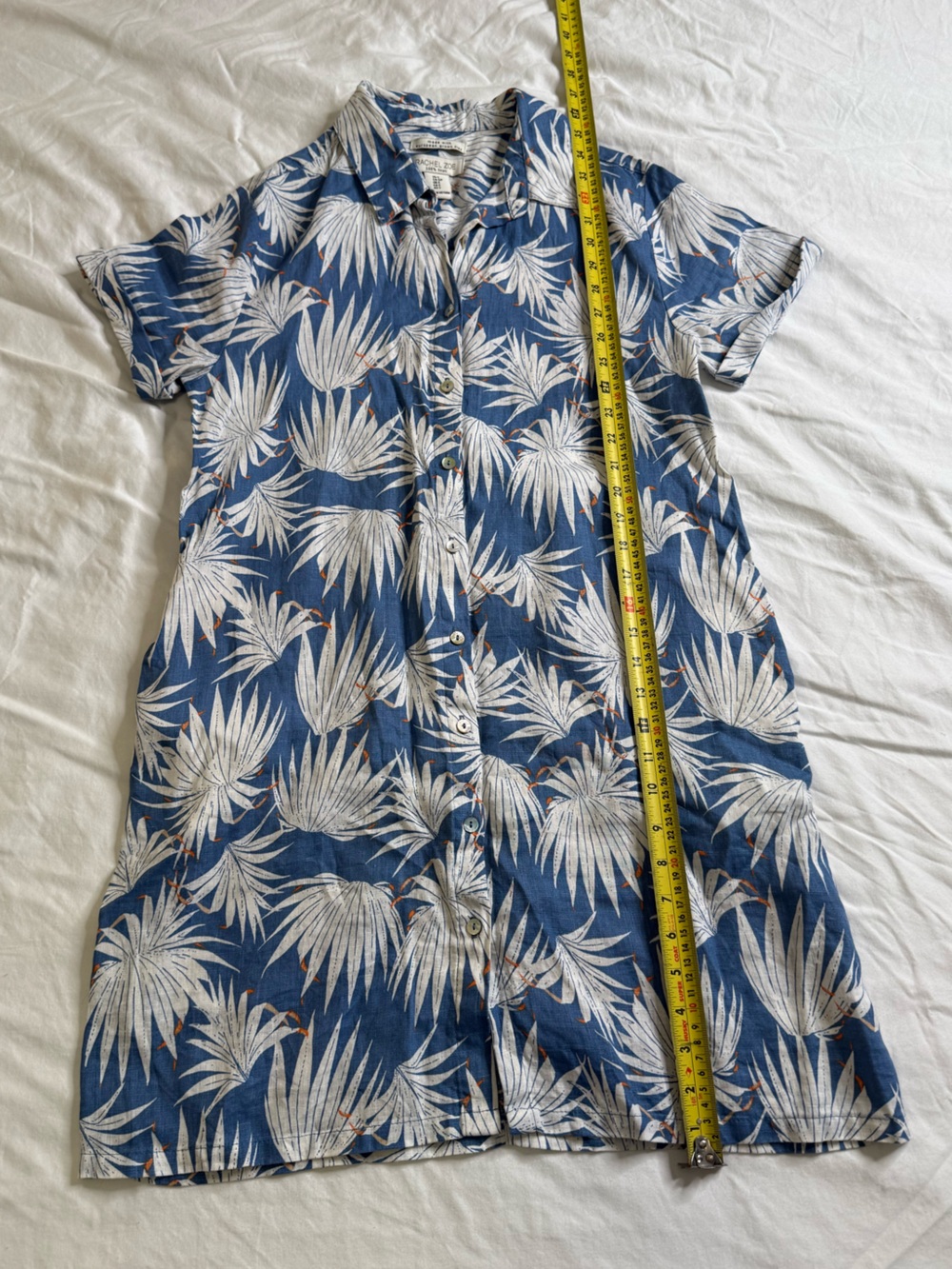 Rachel Zoe 100% Linen Palm Leaf Shirt Dress Coastal Resort Vacation Blue Small - Picture 7 of 10